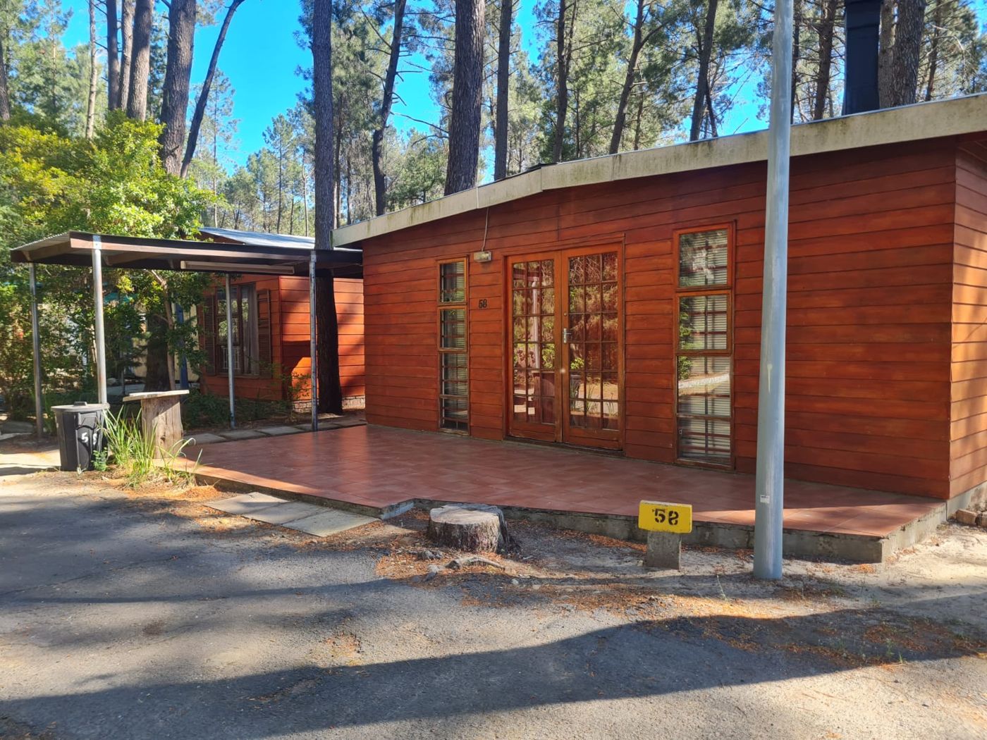 The cabin and its terracotta patio among the pines
